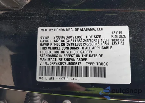 2020 Honda Ridgeline Rtl-E from USA, damaged, VIN 5FPYK3F73LB000817